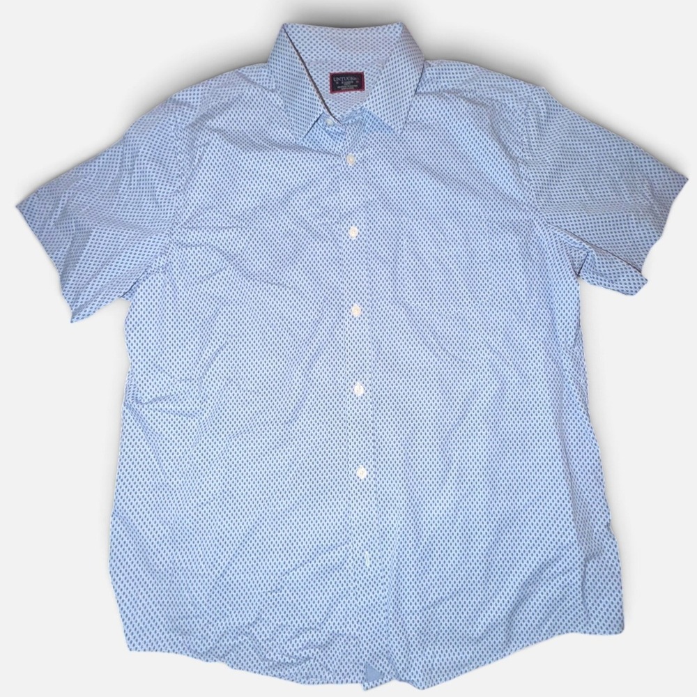 Untuckit Borgo Slim Fit Shirt Mens XL Light Blue Geometric Print Short Sleeve